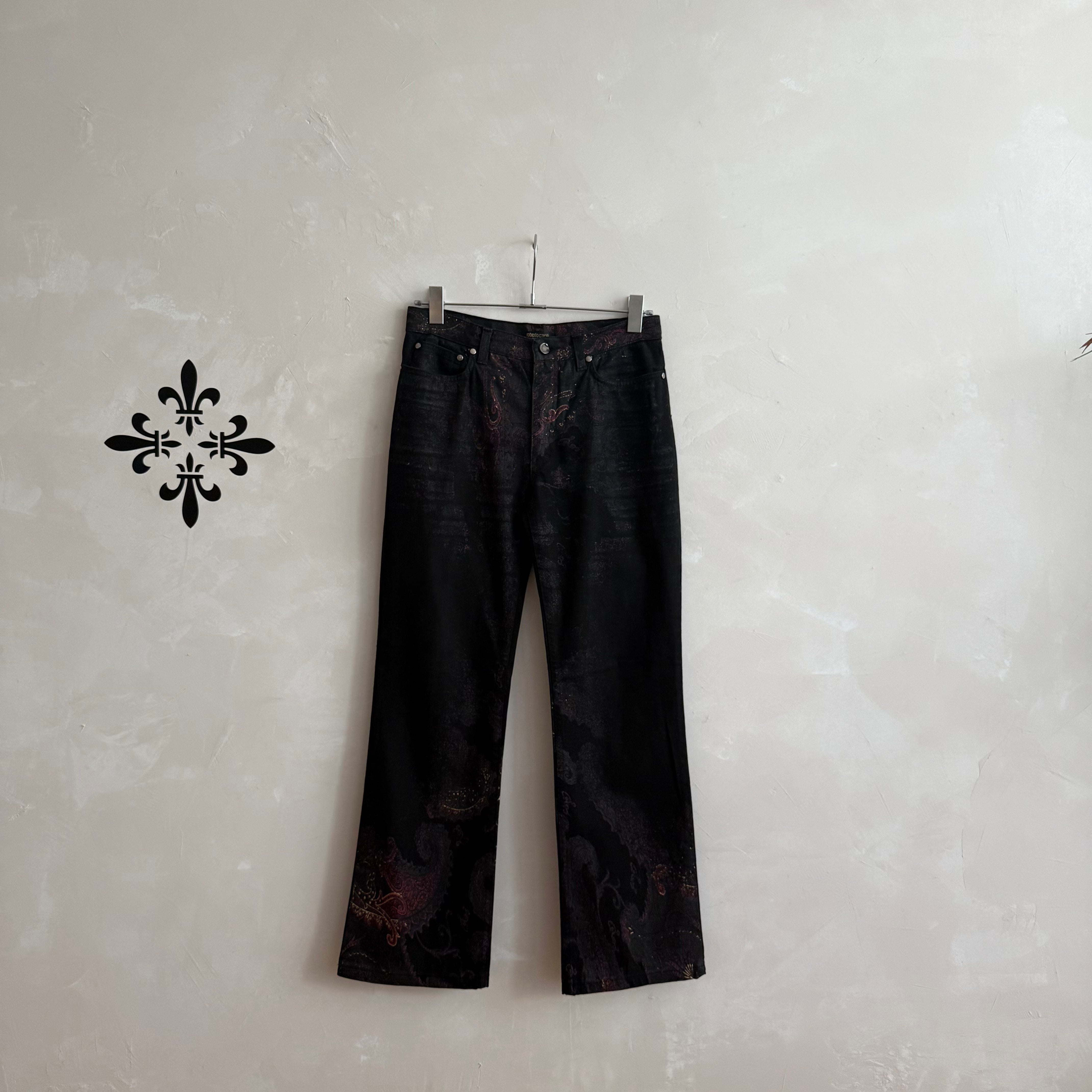 Roberto Cavalli Black & Gold Paisley Pattern Jeans 2000s